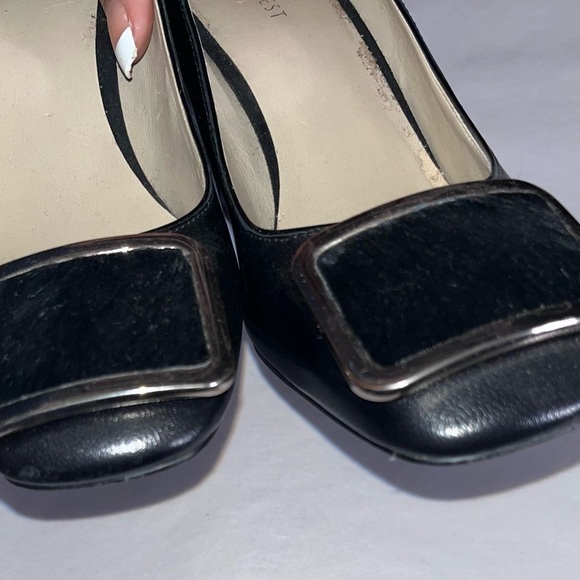 Vintage Nine West black fur silver buckle block Whimsigoth slip on heels Sz 8 - Picture 13 of 15